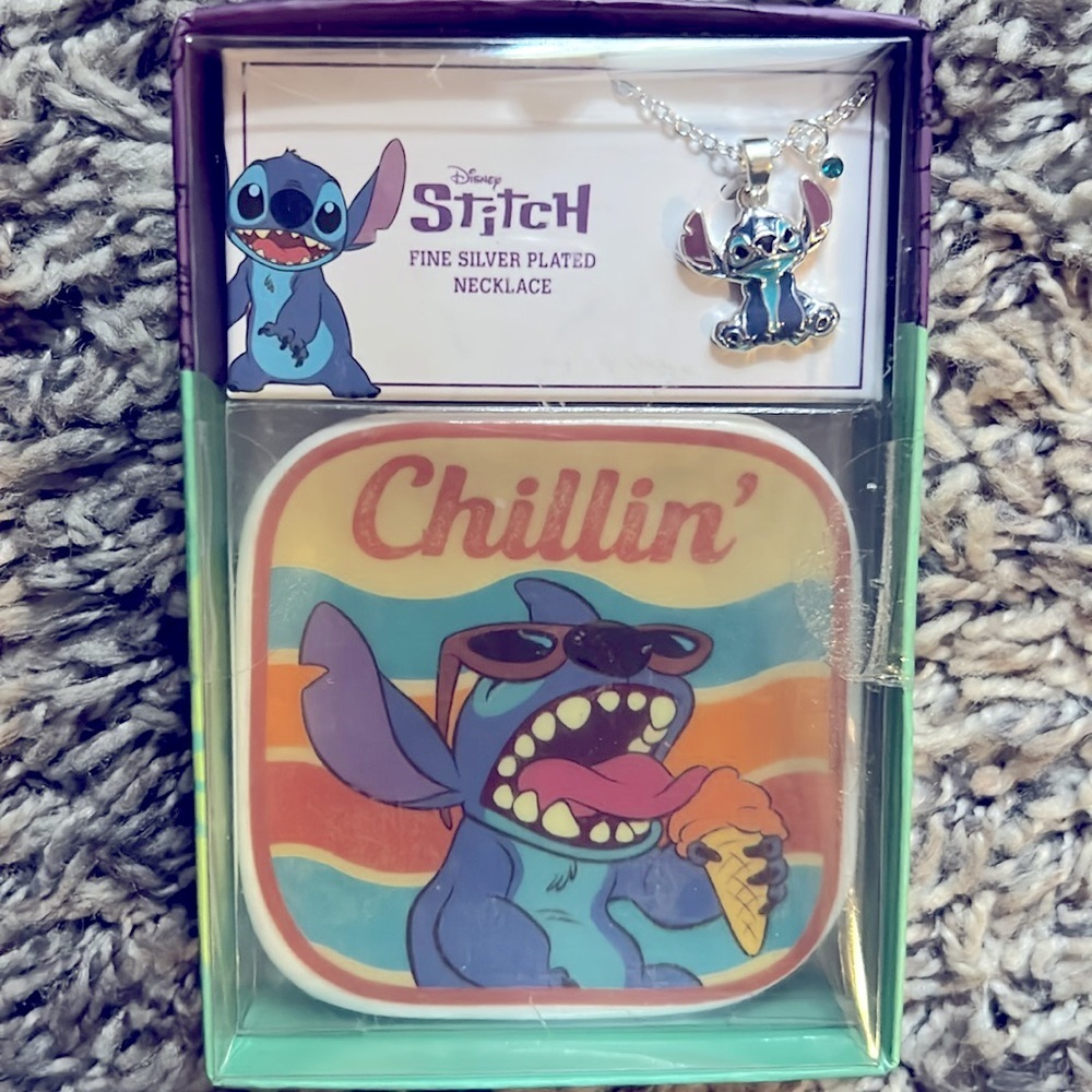 Disney Lilo & Stitch Fine Silver Plated Necklace‎ and Chillin Trinket Dish Set